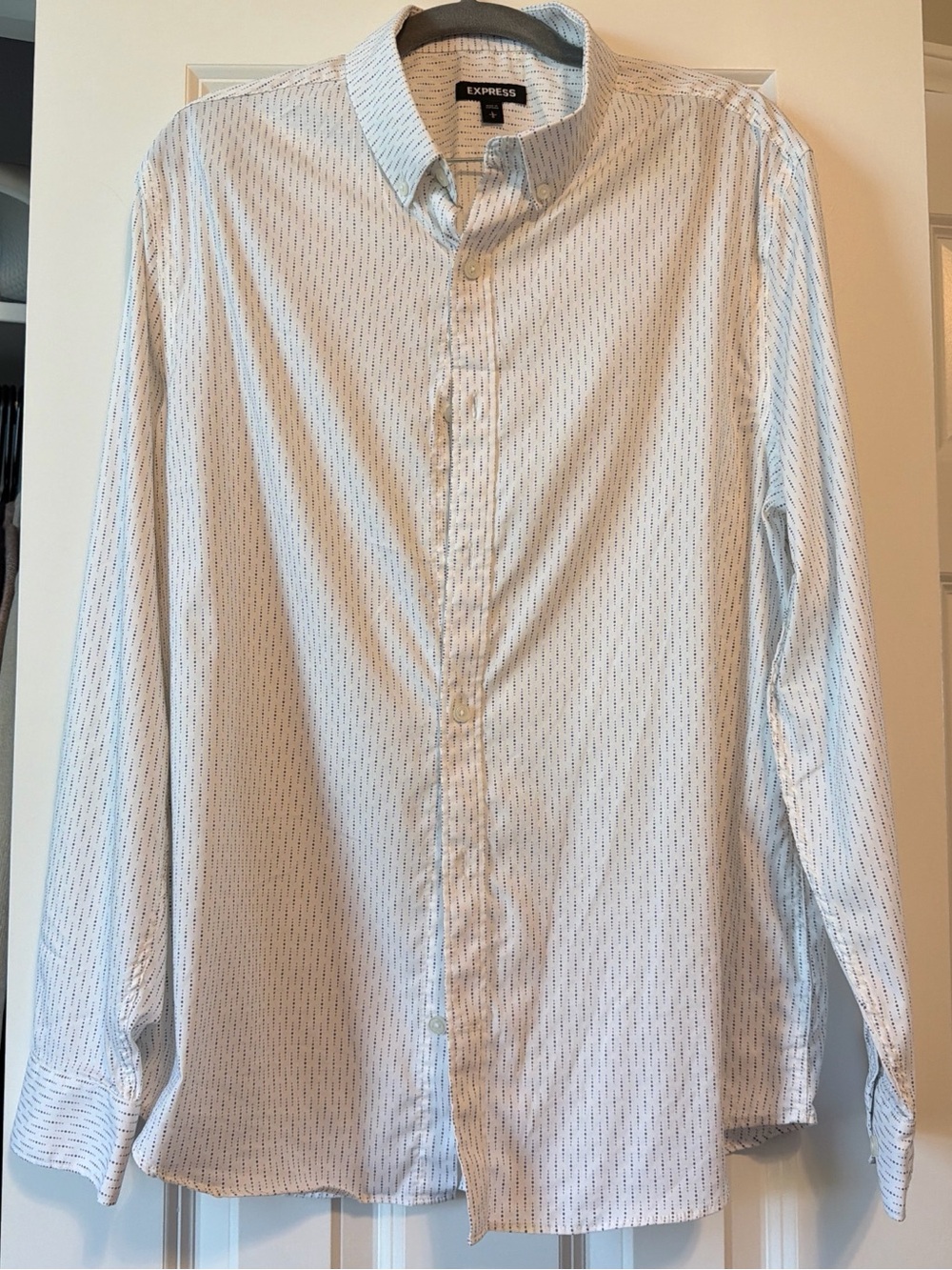 Express Men's White Button-Down Shirt with Black Pinstripes
